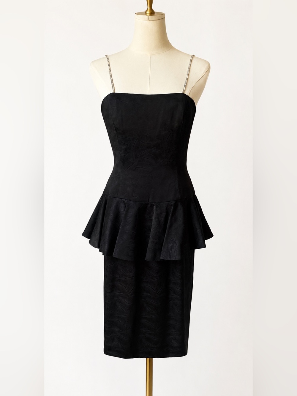 Silk Studio 100% Silk Black Jacquard Peplum Cocktail Dress Rhinestone Straps Sz8